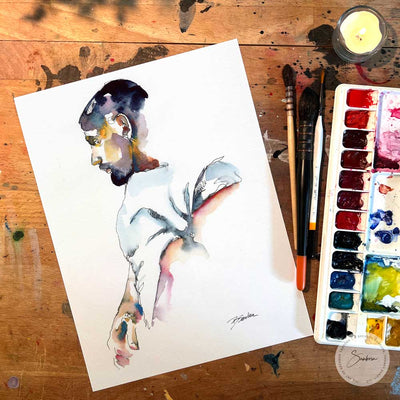 Man Lifting White T Shirt Contemporary Style - Original watercolor Artist Brenden Sanborn