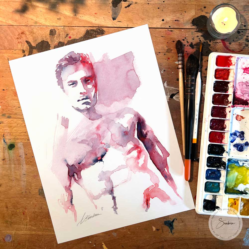 Shirtless Male Model with Dapper Eyes - Original Watercolor Painting