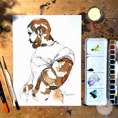 Man lifting his White T-shirt - Original Coffee Art Artist Brenden Sanborn
