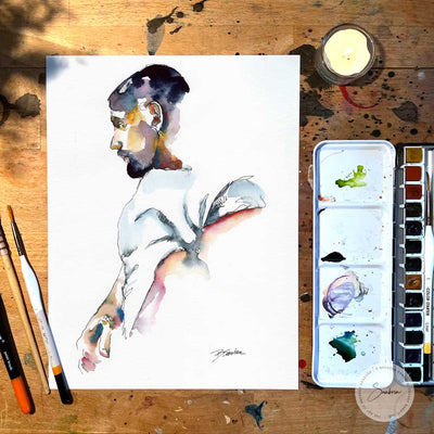 Man Lifting White T Shirt Contemporary Style - Original watercolor Artist Brenden Sanborn