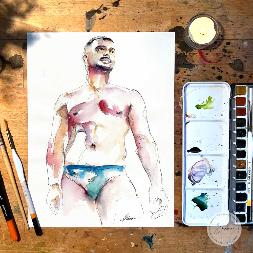 Slim Male Figure Looking to the Right in His Speedo - Original Watercolor Painting