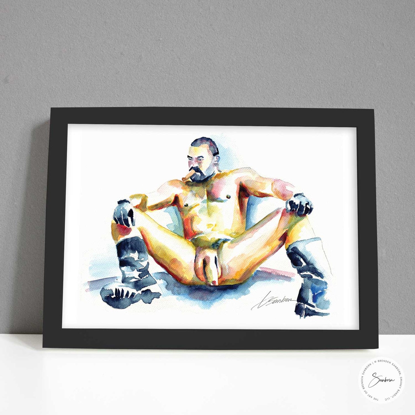 Exuding Confidence and Style: A Portrait of a Man with Boots and a Cigar - Giclee Art Print