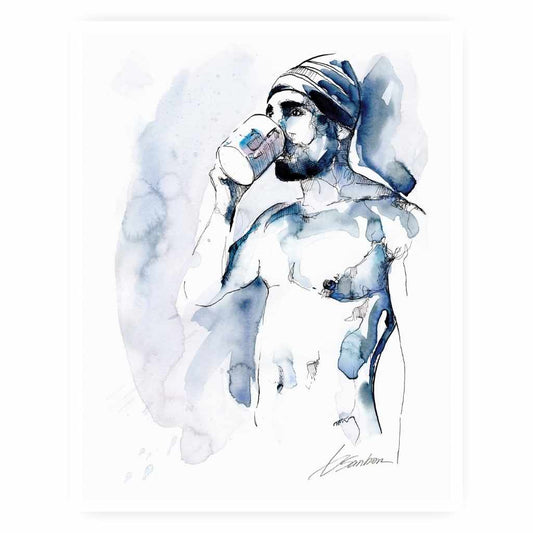 Monday Morning Coffee in Blue - Ink and Watercolor - Giclee Art Print