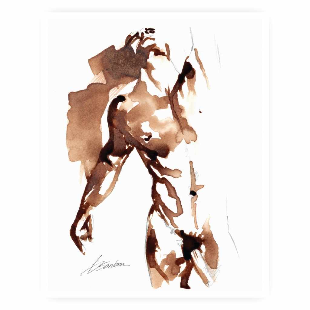 Male Nude Reaching Upwards - Made with Coffee - Giclee Art Print