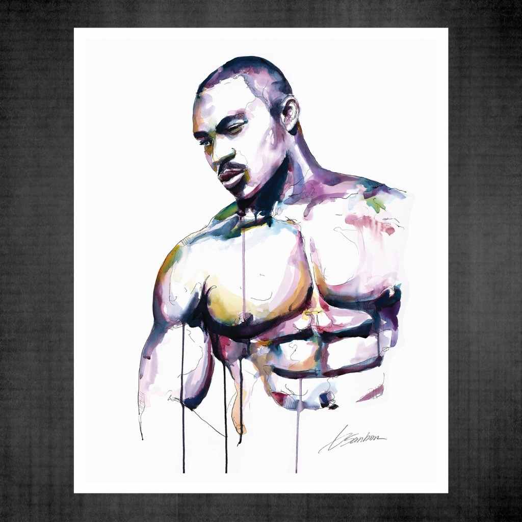 Sexy Muscular Black Man with Intense Look - Original Watercolor Painting