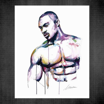 Sexy Muscular Black Man with Intense Look - Original Watercolor Painting Artist Brenden Sanborn