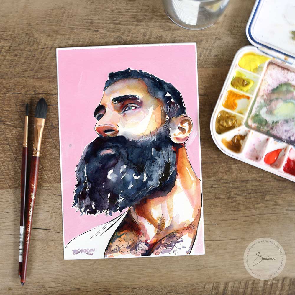 Bearded Man Erotica Original Watercolor Gay Art by Brenden Sanborn