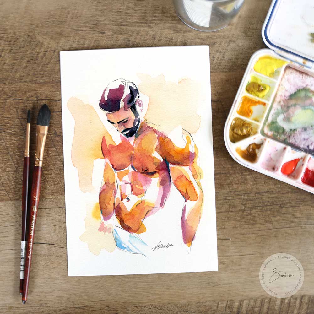 Pensive Shirtless Man with Full Beard - Original Watercolor Painting