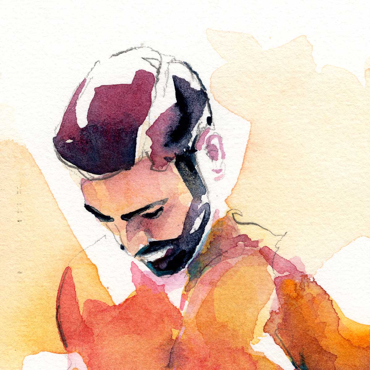 Pensive Shirtless Man with Full Beard - Original Watercolor Painting