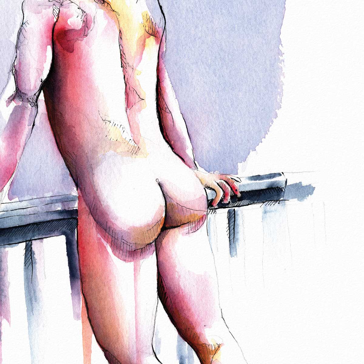 On the Edge Young Man Leaning on Edge - Original Watercolor Painting