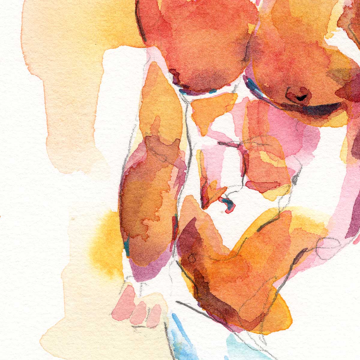 Pensive Shirtless Man with Full Beard - Original Watercolor Painting