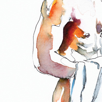 Man in Bathroom with Towel - Ink and Watercolor - Giclee Art Print