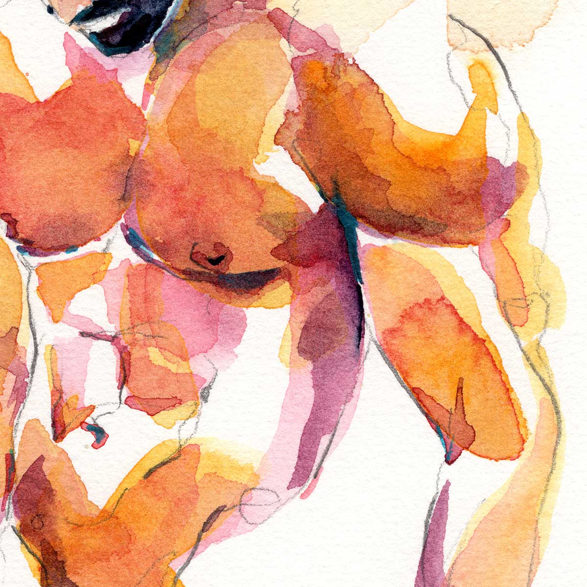 Pensive Shirtless Man with Full Beard - Original Watercolor Painting