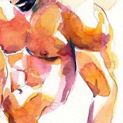Pensive Shirtless Man with Full Beard - Original Watercolor Painting Artist Brenden Sanborn