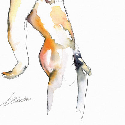 Full Male Nude Deep in The Pose - Ink and Watercolor - Giclee Art Print