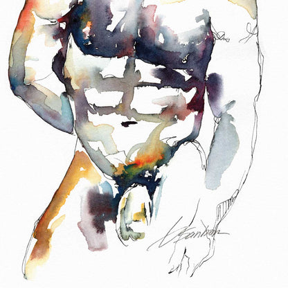 Hairy Chested Muscular Man in the Nude - Ink and Watercolor - Giclee Art Print