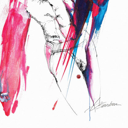 Muscular Man with Cute Smile in Vibrant Purples & Pinks, Loose Drip Watercolor - Giclee Art Print