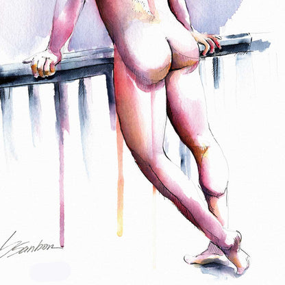 On the Edge Young Man Leaning on Edge - Original Watercolor Painting