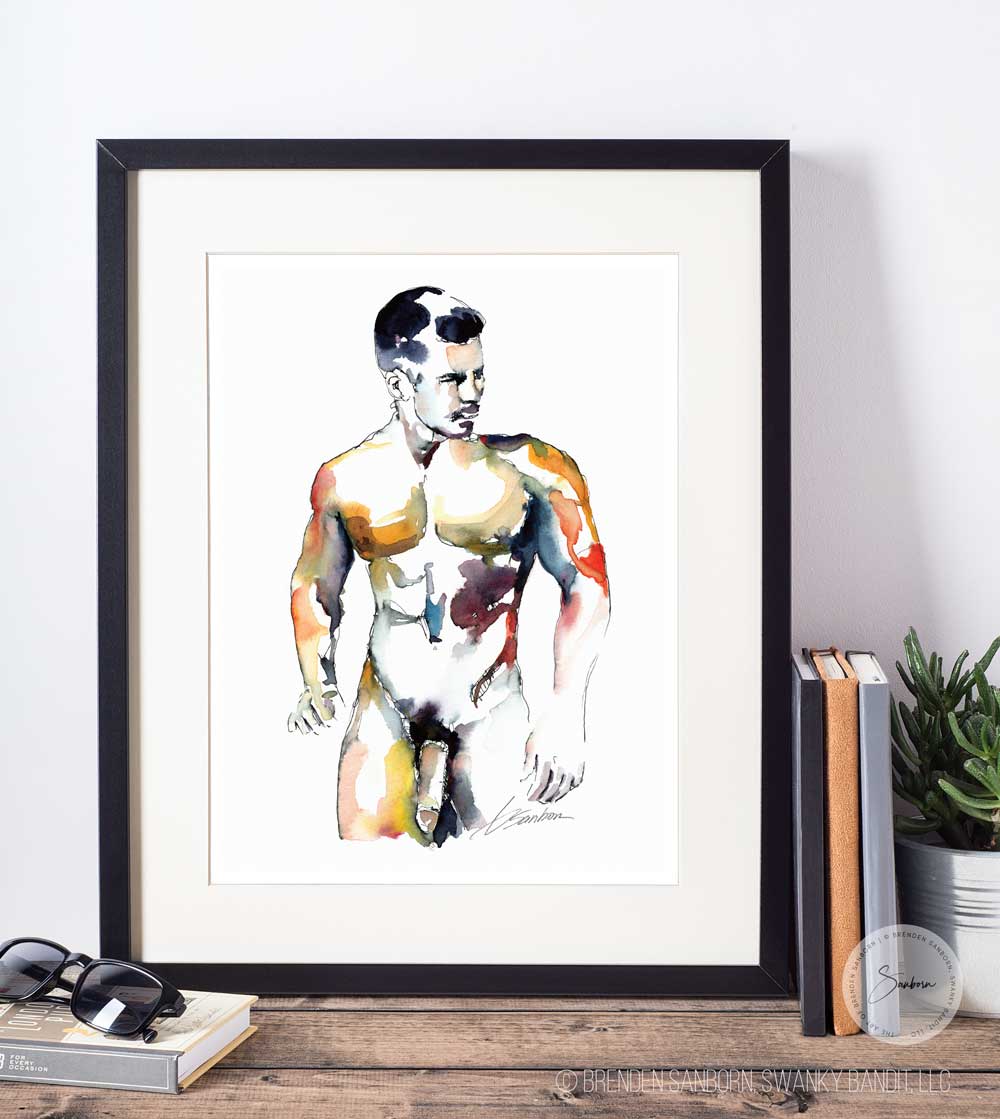 Muscular Man Standing Nude in the Kitchen - Ink and Watercolor - Giclee Art Print