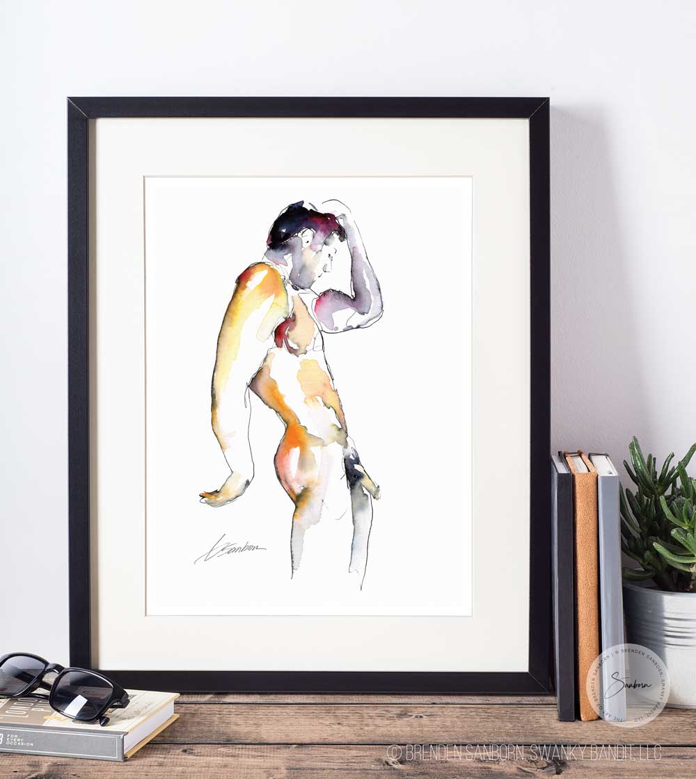 Full Male Nude Deep in The Pose - Ink and Watercolor - Giclee Art Print