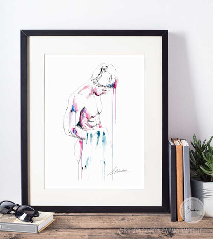 Man in Bathroom with Towel - Drip Style - Giclee Art Print