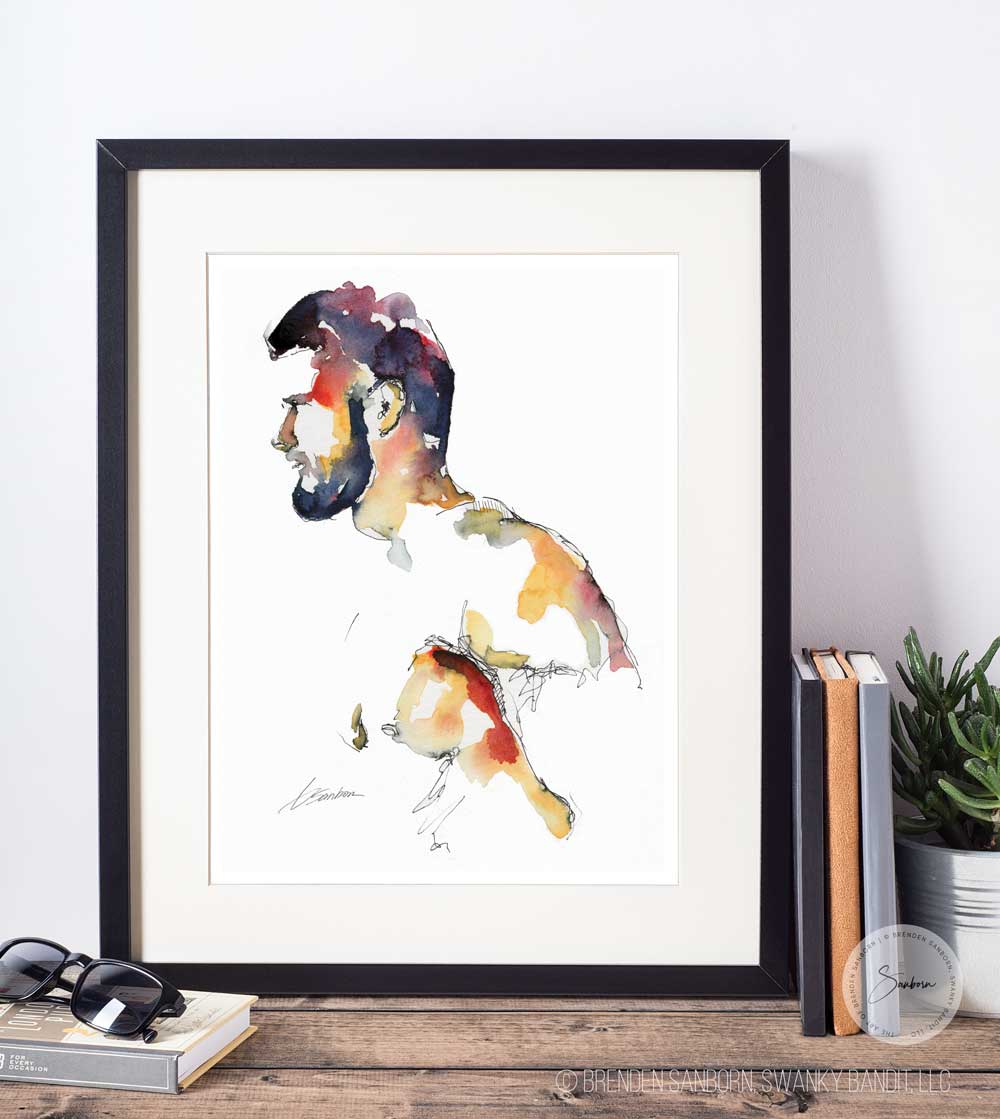 Handsome Bearded Man - Ink and Watercolor - Giclee Art Print