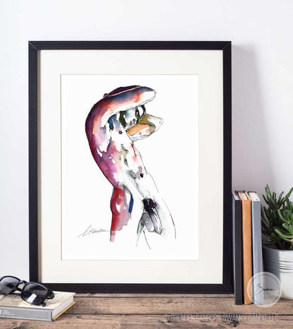 Nude Male Leaning into the Sun - Ink and Watercolor - Giclee Art Print