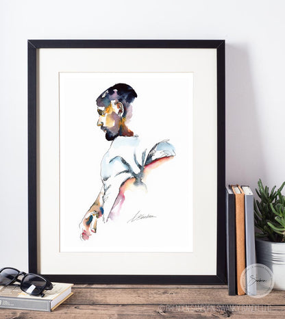 Man in White T-Shirt Lifting it Off - Ink and Watercolor - Giclee Art Print