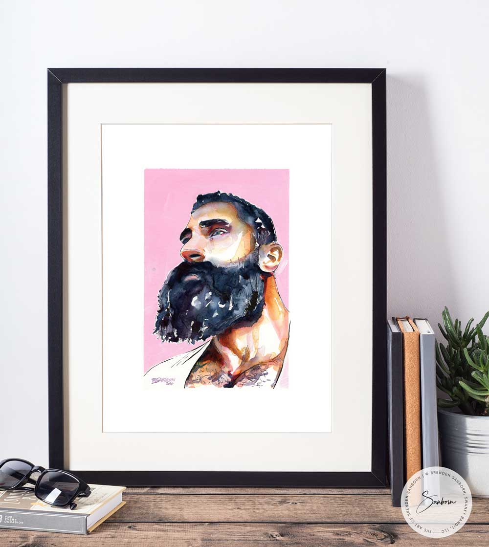 Bearded Man Erotica Original Watercolor Gay Art by Brenden Sanborn