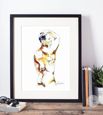 Firm Butt With Handsome Man Reaching Behind - Ink and Watercolor - Giclee Art Print