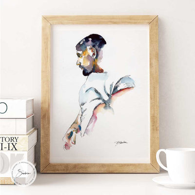 Man Lifting White T Shirt Contemporary Style - Original watercolor Artist Brenden Sanborn
