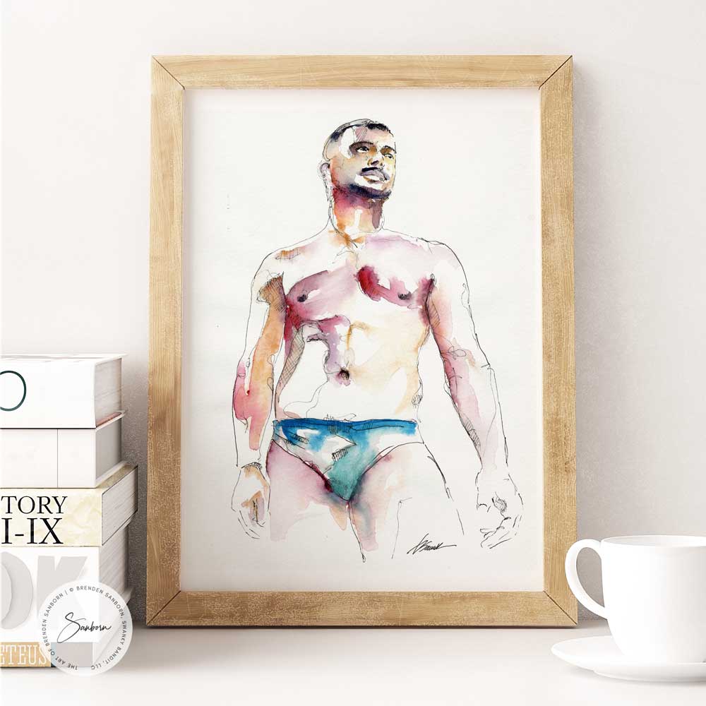 Slim Male Figure Looking to the Right in His Speedo - Original Watercolor Painting