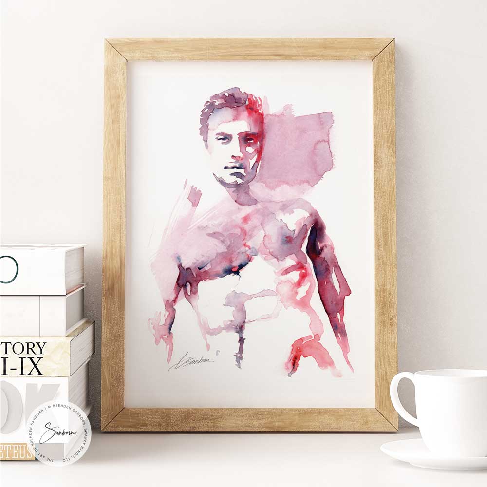 Shirtless Male Model with Dapper Eyes - Original Watercolor Painting