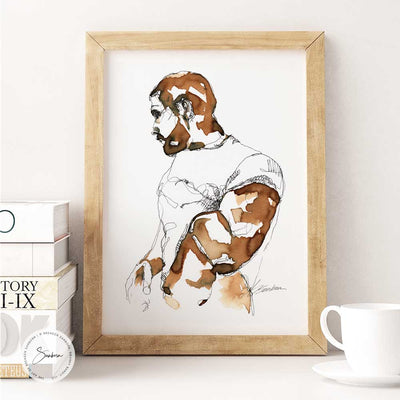 Man lifting his White T-shirt - Original Coffee Art Artist Brenden Sanborn