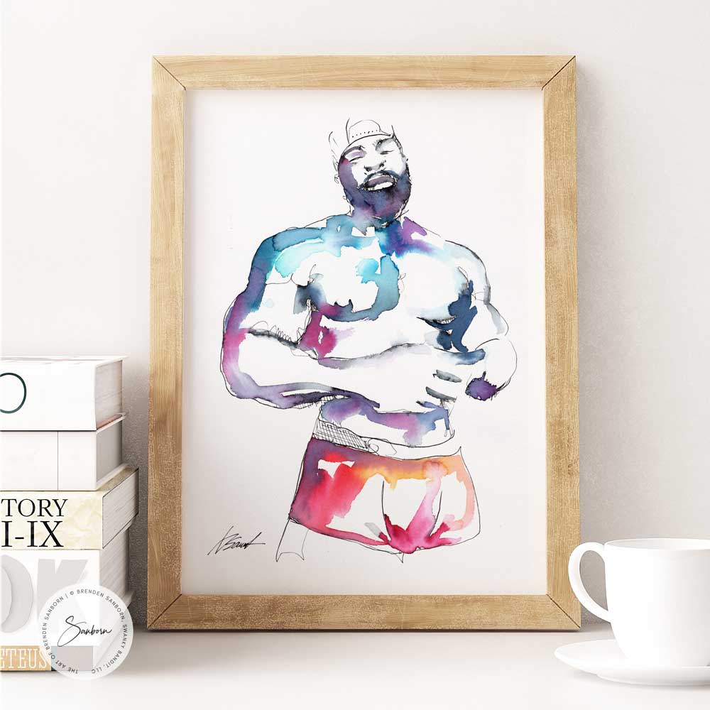 Handsome Bearded man in his Underwear - Original Watercolor Painting