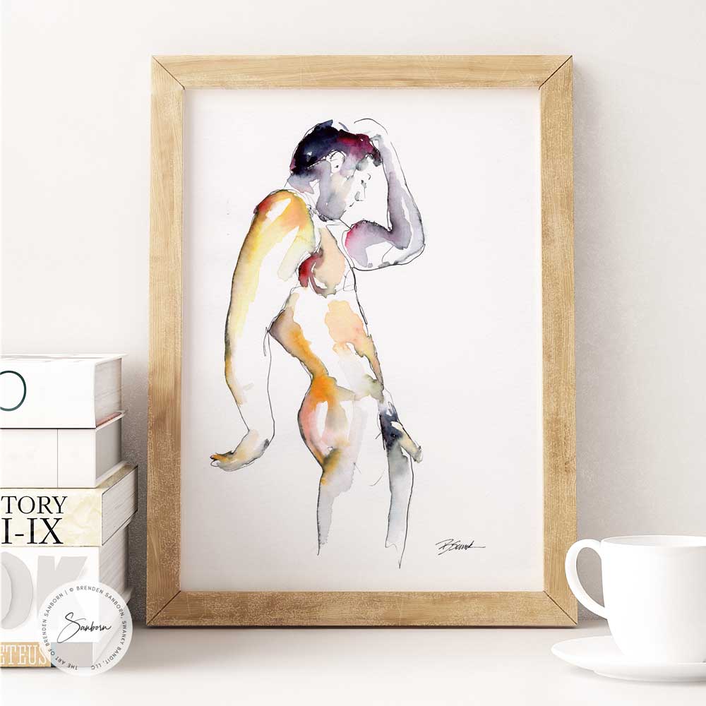 Full Nude Male Leaning Against the Wall - Original Watercolor Painting