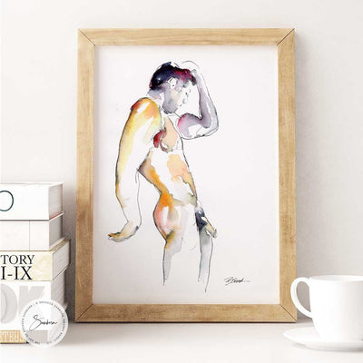 Full Nude Male Leaning Against the Wall - Original Watercolor Painting Artist Brenden Sanborn