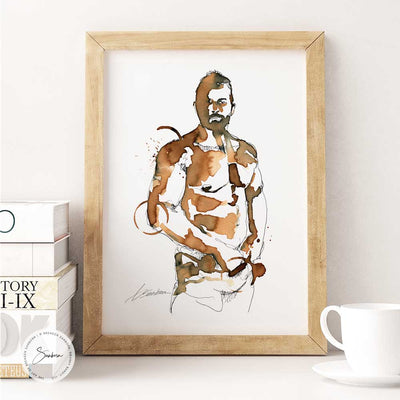 Sensual Male Figure Reaching in Pants - Original Coffee Art Artist Brenden Sanborn
