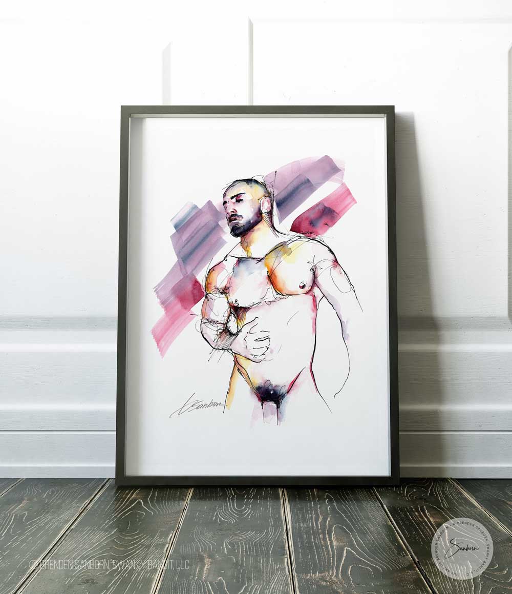 Male Torso Almost Full Nude Rubbing His Abs- Ink and Watercolor - Giclee Art Print