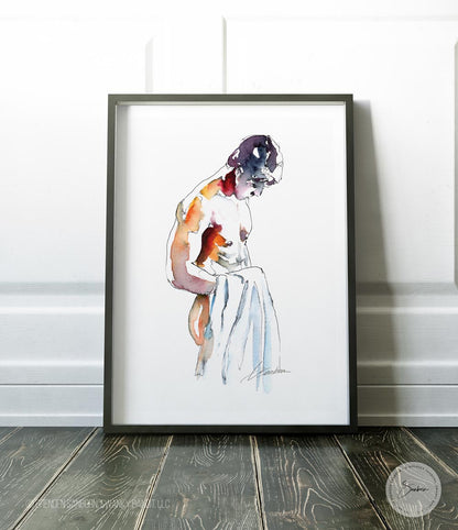 Man in Bathroom with Towel - Ink and Watercolor - Giclee Art Print