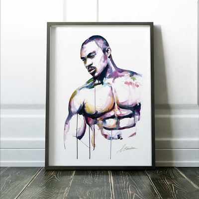 Sexy Muscular Black Man with Intense Look - Original Watercolor Painting Artist Brenden Sanborn