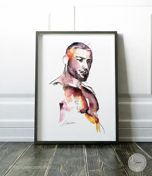 Captivating Male Nude Art Print of a Strong Chested, Bearded Man - Giclee Art Print