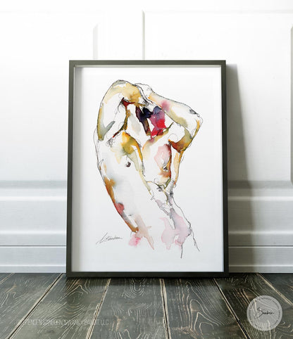 Male Torso With Arm Behind Head - Ink and Watercolor - Giclee Art Print