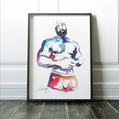 Strong Black Man in his Underwear - Ink and Watercolor - Giclee Art Print