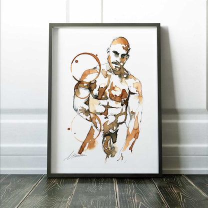 Male Figure in Full Nude - Made with Instant Coffee - Giclee Art Print