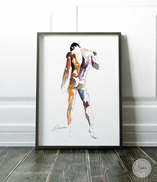 Classical Male Figure in Greek Pose - Ink and Watercolor - Giclee Art Print