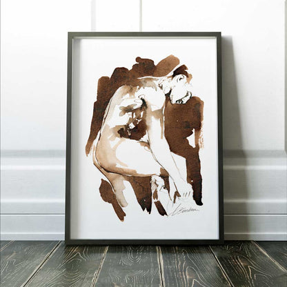 Man Undressing in Morning Light - Made with Instant Coffee - Giclee Art Print
