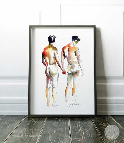 Male to Male Love Holding Hands- Ink and Watercolor - Giclee Art Print