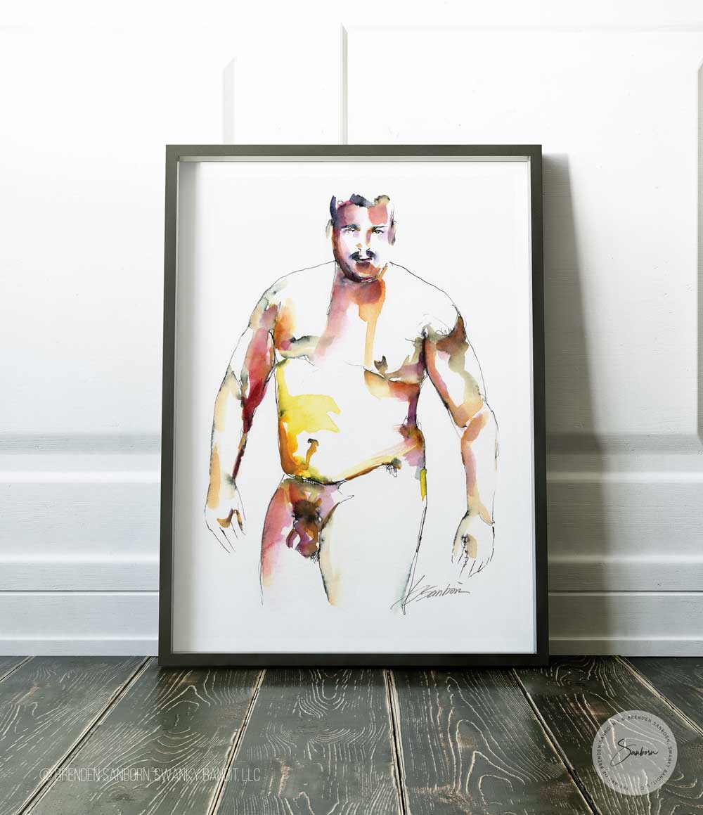 Hunky Bear Nude Drawing - Ink and Watercolor - Giclee Art Print