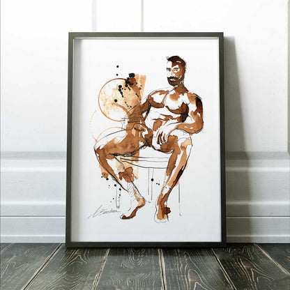 Man Sitting on Chair Nude - Made with Instant Coffee - Giclee Art Print